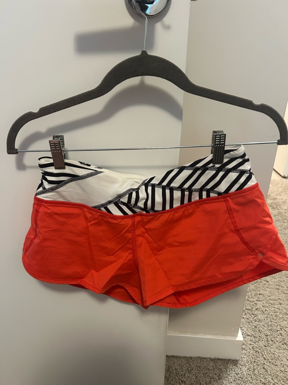Lululemon Red Speed Shorts with Black & White Striped Waistband